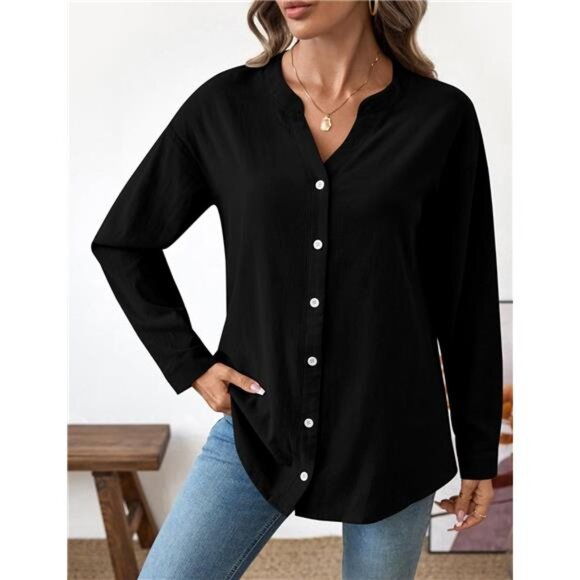 🌸 Women’s Cotton Button Down Shirt – Long Sleeve V-Neck Blouse - Picture 4 of 6